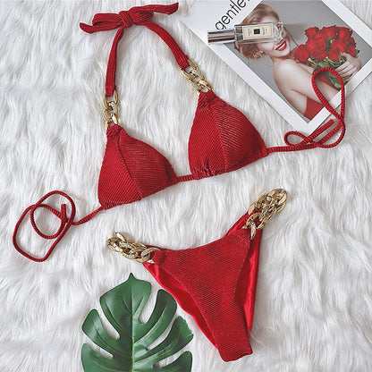 Halter Retro Bikinis triángulo traje De baño Mujer cadena De diamantes Trajes De baño Conjunto Biquinis Feminino Trajes De BañO Mujer