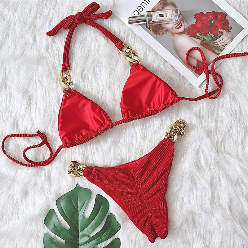 Halter Retro Bikinis Triangle Swimsuit Women Diamond Chain Bathing Suits Conjunto Biquinis Feminino Trajes De BañO Mujer Bikinx