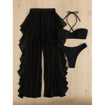 Halter Bikinis traje De baño sólido Mujer 3 piezas Trajes De baño traje De baño Conjunto Biquinis Feminino Trajes De BañO Mujer