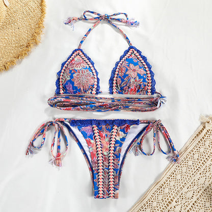Bikini brasileño con estampado floral, traje de baño triangular para mujer, traje de baño con cuello halter