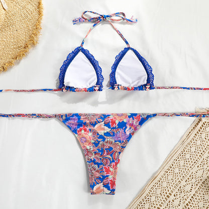 Bikini brasileño con estampado floral, traje de baño triangular para mujer, traje de baño con cuello halter