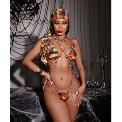 Sexy Lace Up Swimwear Brazilian Swimsuit Women Swimming Suit 3 Pieces Suits Low Waist Bathing Suit Print Triangle Bikini Set