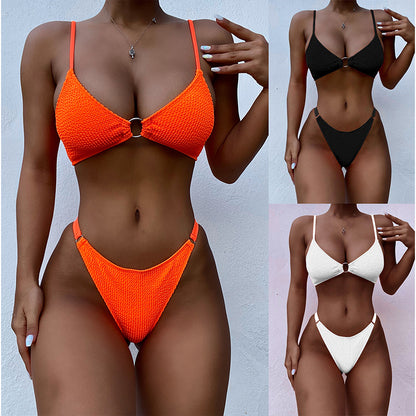 Conjunto de bikini sólido, traje de baño sexy de corte alto para mujer, trajes de baño con aros 