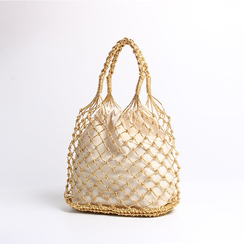 Sac à main portable en paille tressée, couleur or et argent, ajouré et découpé, idéal pour les vacances et la plage. 
