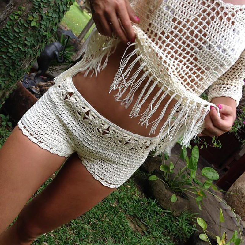 Handmade Beach Solid Color Short Swimming Trunks Sexy Cutout Hand Crocheting Cotton Sunscreen Zunee