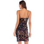 Robe sexy à bretelles et col en V pour femme, dos nu, avec sequins