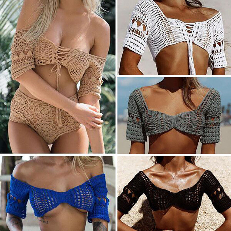 Handmade Crochet Hollow Out Cutout out Strap Bikini Beach Ladies Swimsuit Tops