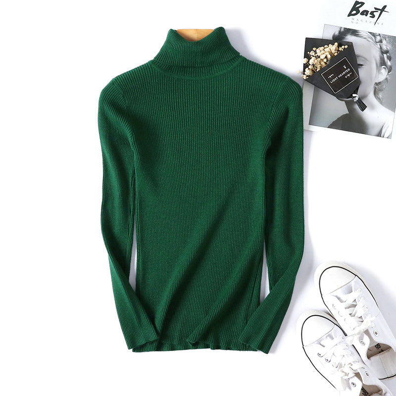 Suéter de cuello alto para mujer, de manga larga, ajustado, adelgazante, de color liso, coreano, de punto fresco, para mujer