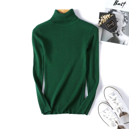 Suéter de cuello alto para mujer, de manga larga, ajustado, adelgazante, de color liso, coreano, de punto fresco, para mujer