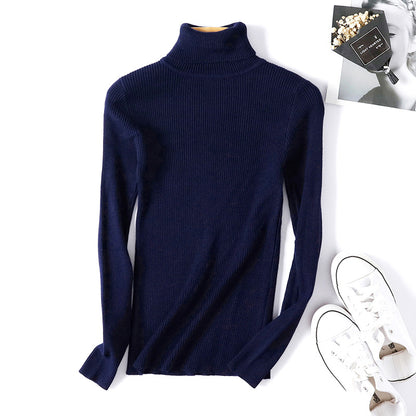 Suéter de cuello alto para mujer, de manga larga, ajustado, adelgazante, de color liso, coreano, de punto fresco, para mujer