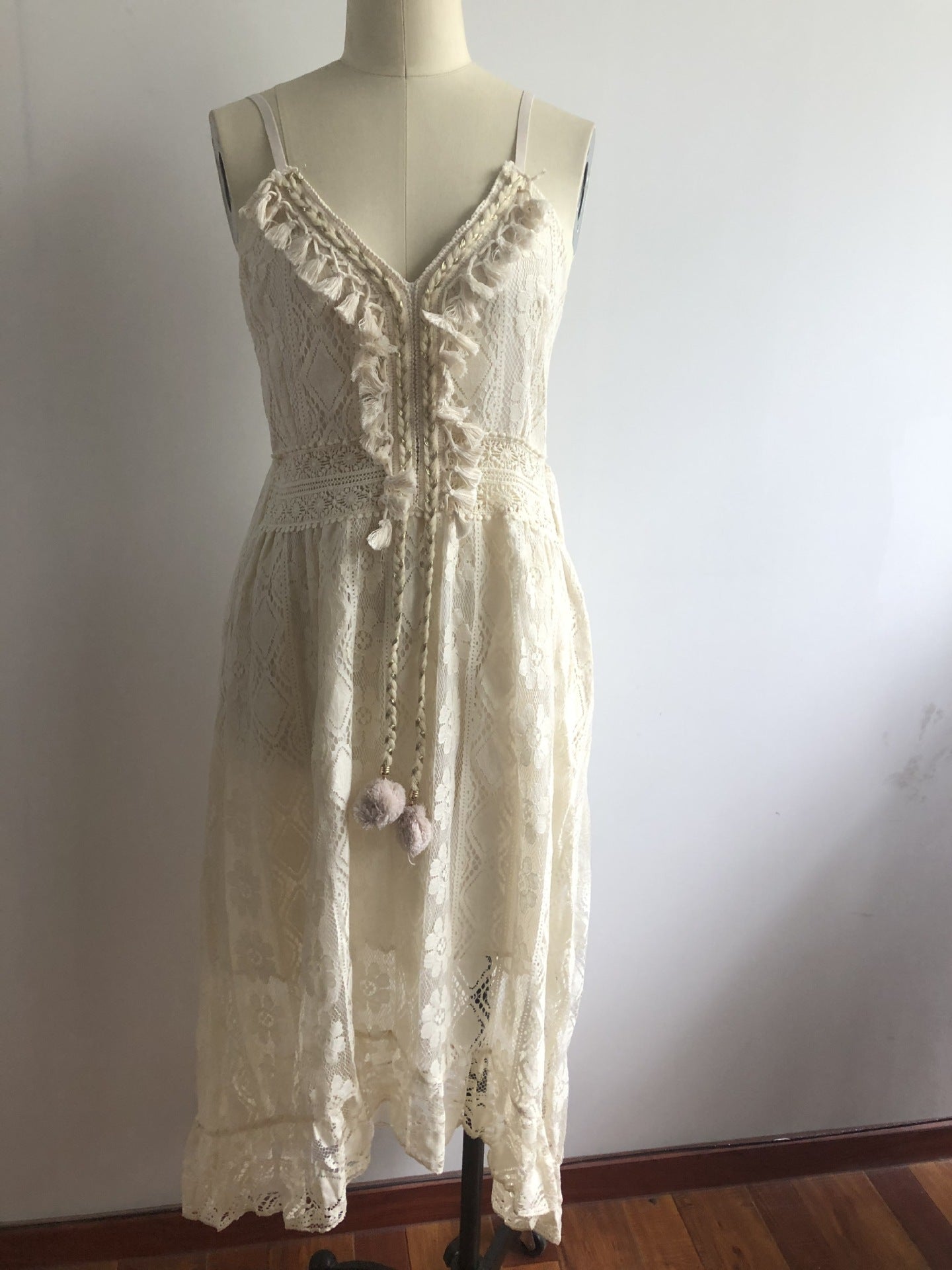 Summer Lace Sling Large Swing Solid Color Long Maxi Dress DING
