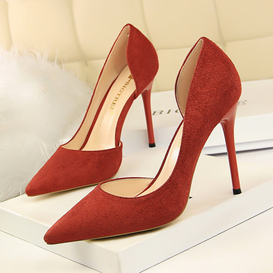 Simple Stiletto Heel Suede Shallow Mouth Pointed Toe Sexy Nightclubs Thinner Side Hollow Out Cutout Pumps ForestFootwear