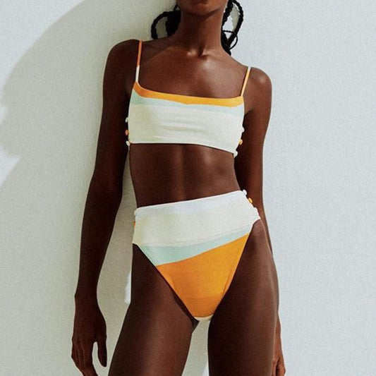 Conjunto de bikini bandeau con botones sexys, traje de baño con estampado de patchwork para mujer, traje de baño de cintura alta, traje de baño deportivo para nadar