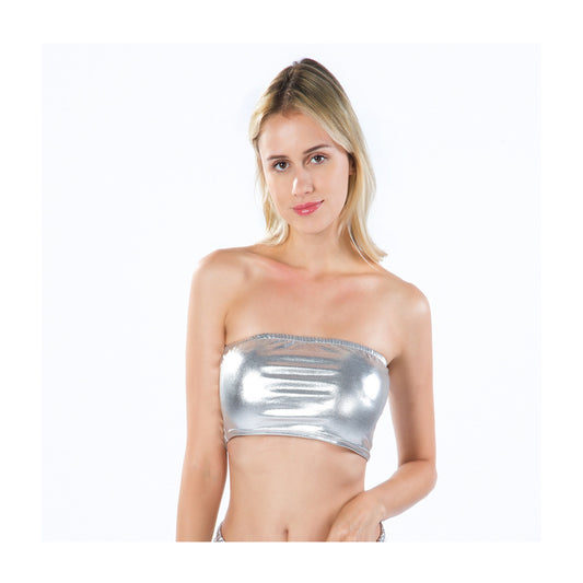 Vêtements de scène pour femmes en boîte de nuit : haut tube en cuir verni uni avec décolleté enveloppant, tenue de spectacle