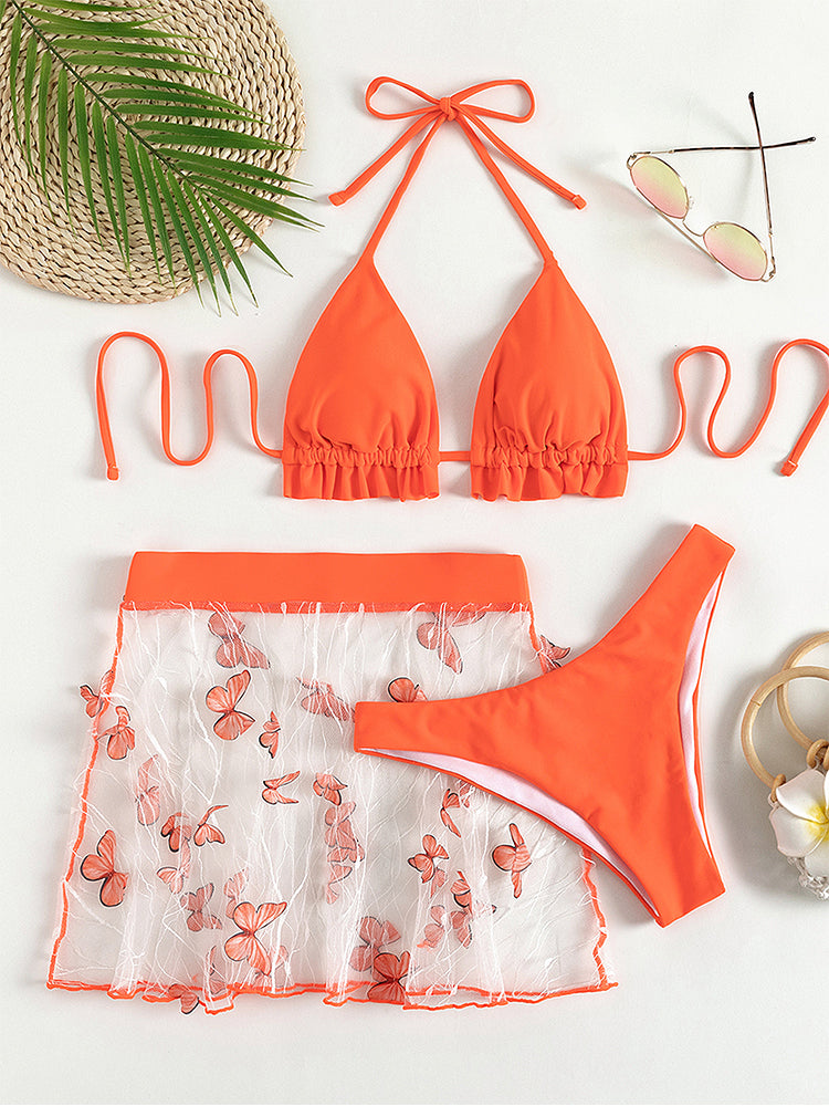 Conjunto de bikini naranja triangular de 3 piezas para mujer, traje de baño con volantes