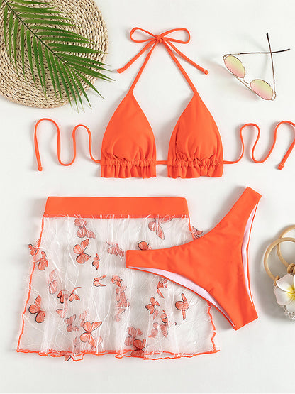 Conjunto de bikini naranja triangular de 3 piezas para mujer, traje de baño con volantes