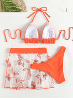 Conjunto de bikini naranja triangular de 3 piezas para mujer, traje de baño con volantes