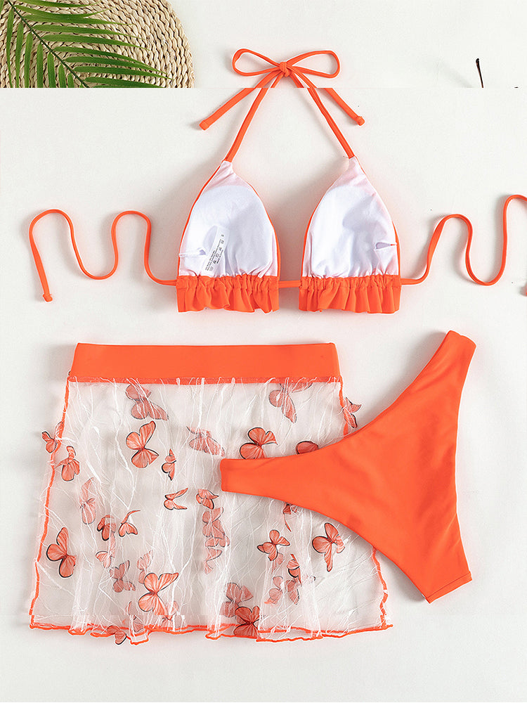 Conjunto de bikini naranja triangular de 3 piezas para mujer, traje de baño con volantes