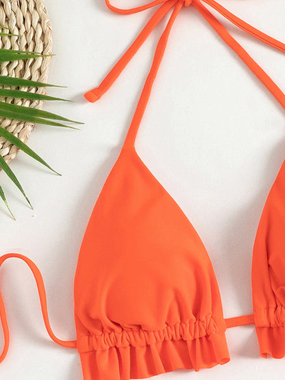 Conjunto de bikini naranja triangular de 3 piezas para mujer, traje de baño con volantes