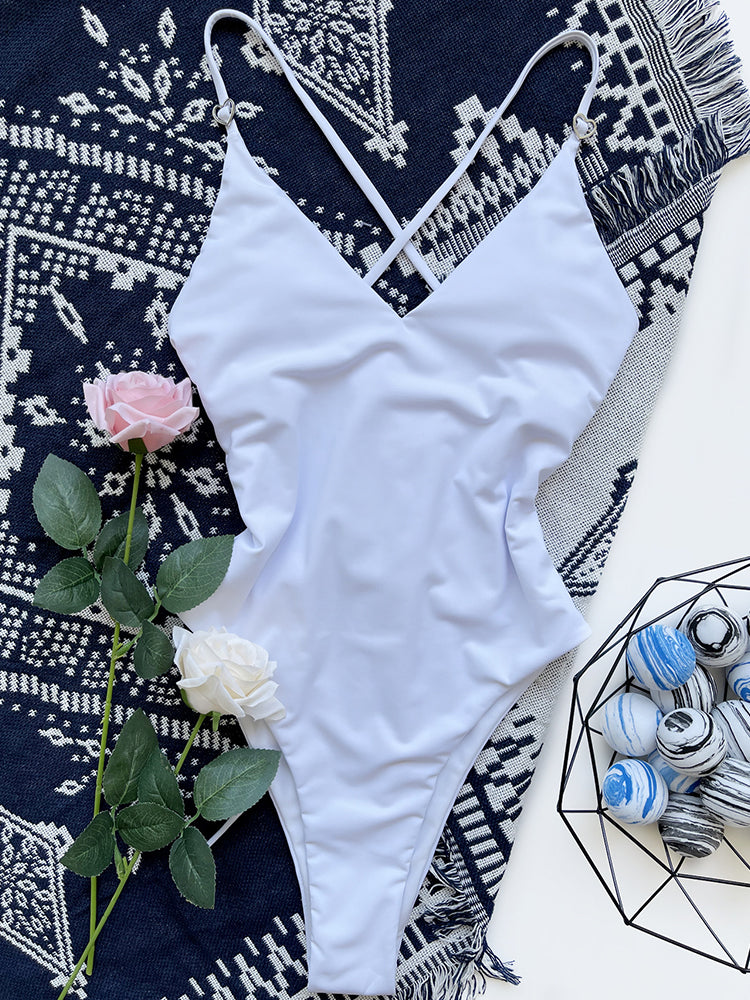Traje de baño de una pieza con escote en V blanco para mujer, traje de baño sexy de corte alto.