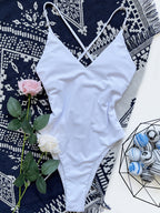 Traje de baño de una pieza con escote en V blanco para mujer, traje de baño sexy de corte alto.