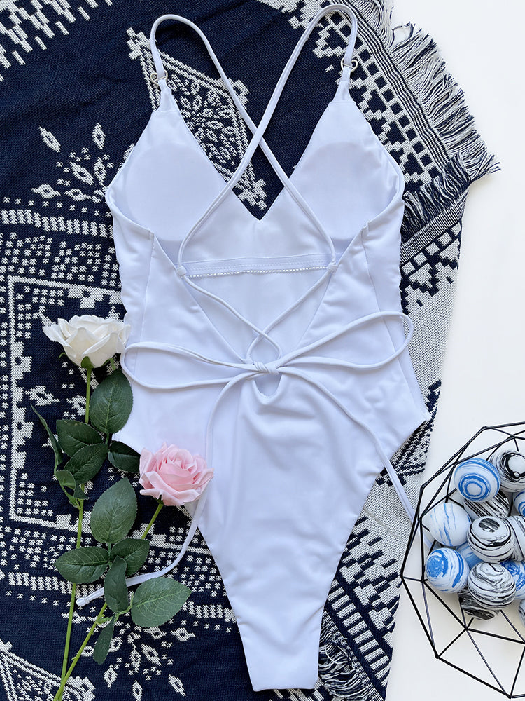 Traje de baño de una pieza con escote en V blanco para mujer, traje de baño sexy de corte alto.