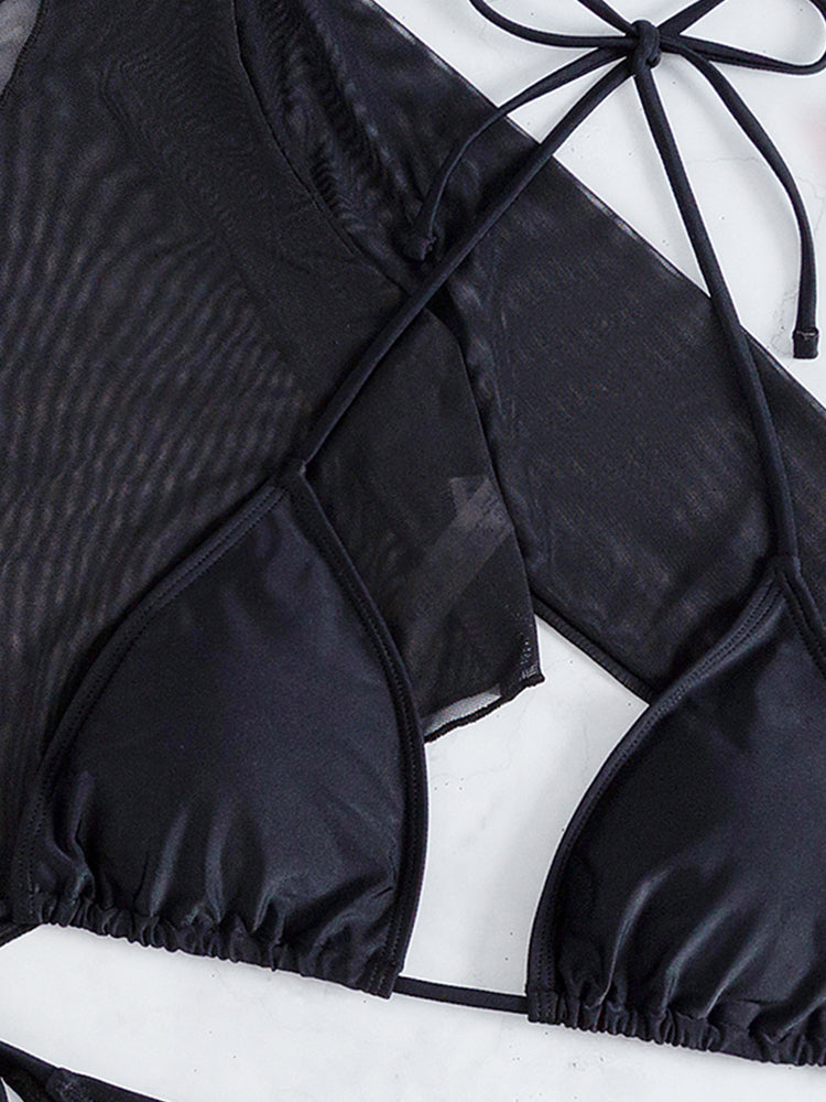 Conjunto de bikini estilo halter de 3 piezas, liso, de manga larga, para mujer