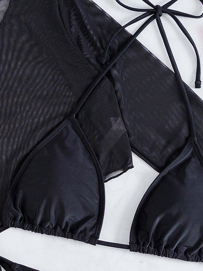 Conjunto de bikini estilo halter de 3 piezas, liso, de manga larga, para mujer