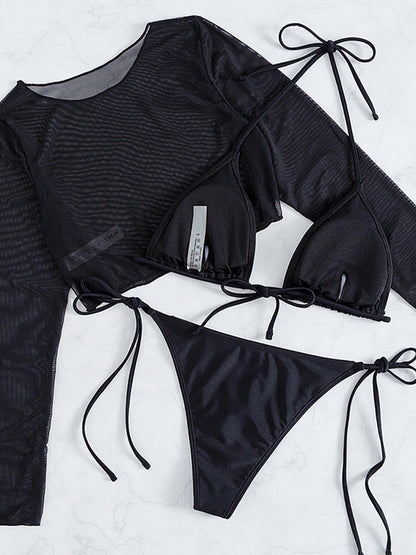 Conjunto de bikini estilo halter de 3 piezas, liso, de manga larga, para mujer