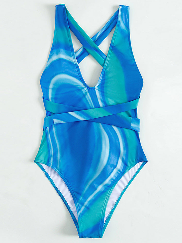 Traje de baño de una pieza con estampado de vendaje y cuello en V para mujer, traje de baño de corte alto