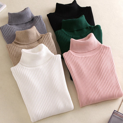 Suéter de cuello alto para mujer, de manga larga, ajustado, adelgazante, de color liso, coreano, de punto fresco, para mujer