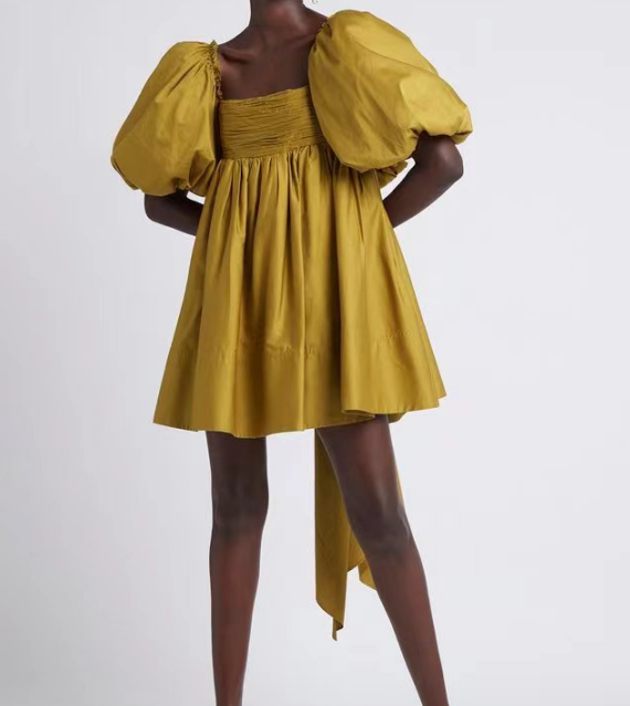 Spring Women Clothing French Retro Mustard Super Long Lace-up Puff Sleeve Short Sleeve Dress TinkleBell