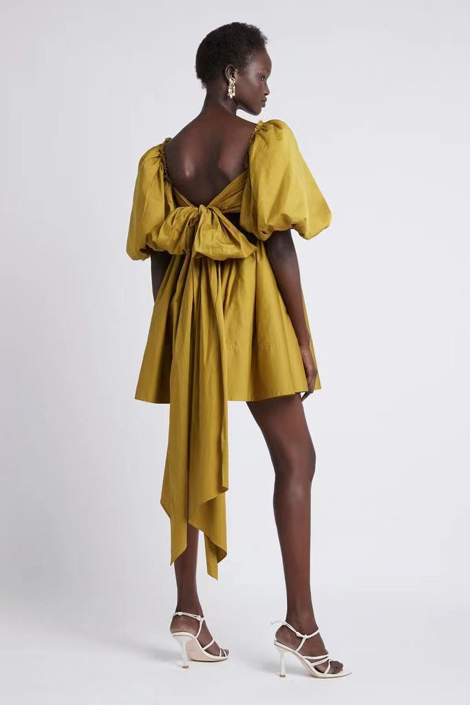 Spring Women Clothing French Retro Mustard Super Long Lace-up Puff Sleeve Short Sleeve Dress TinkleBell