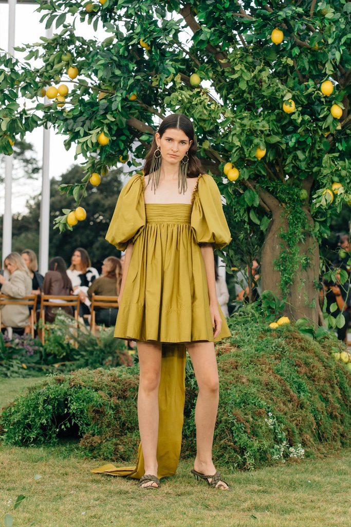 Spring Women Clothing French Retro Mustard Super Long Lace-up Puff Sleeve Short Sleeve Dress TinkleBell