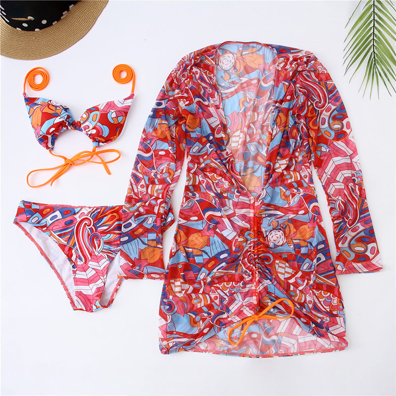 Maillot de bain 3 pièces imprimé bikini sexy en maille pour femme