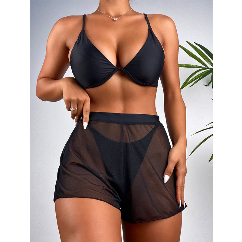 Conjunto de bikini push up, bañador unicolor sexy para mujer, pantalones de malla, trajes de baño