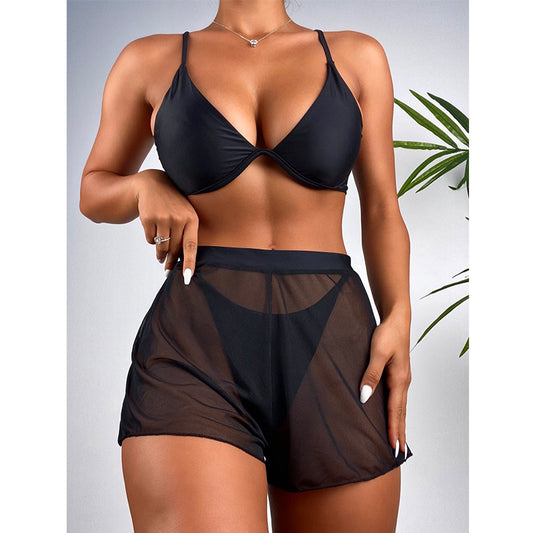 Conjunto de bikini push up, bañador unicolor sexy para mujer, pantalones de malla, trajes de baño