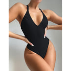 Maillot de bain une pièce à col en V pour femme, sexy, uni, coupe haute