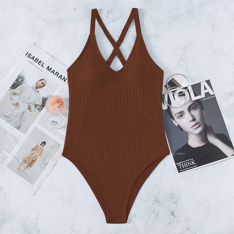 Maillot de bain une pièce à col en V pour femme, sexy, uni, coupe haute