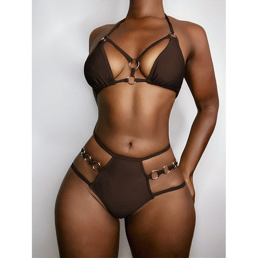 Conjunto de bikini push up con cuello halter, traje de baño liso para mujer, trajes de baño con aberturas y recortes.