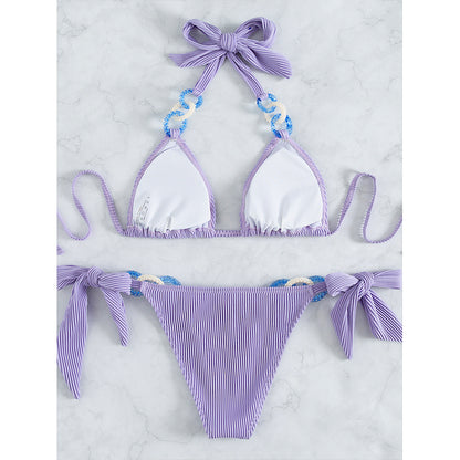 Conjunto de bikini con cuello halter y cadena, traje de baño con nudo para mujer, trajes de baño sexys sin espalda