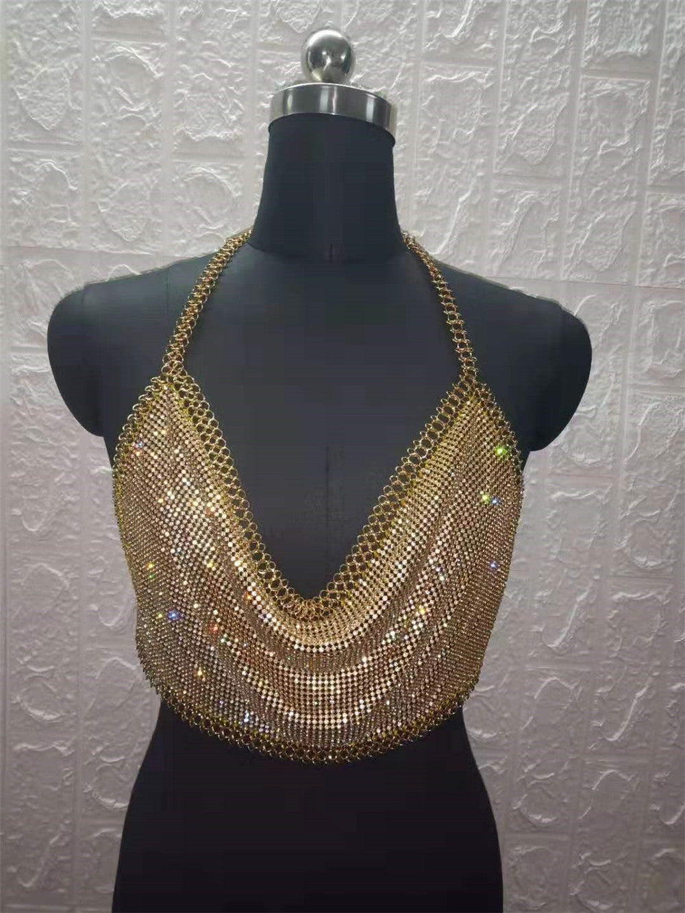 Bar Nightclub Sexy Backless Tube Top Metal Rhinestone Spaghetti Straps Cropped Vest Women Clothing Hadid