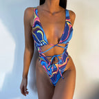 Maillot de bain une pièce ajouré et découpé pour femme, coupe haute, imprimé