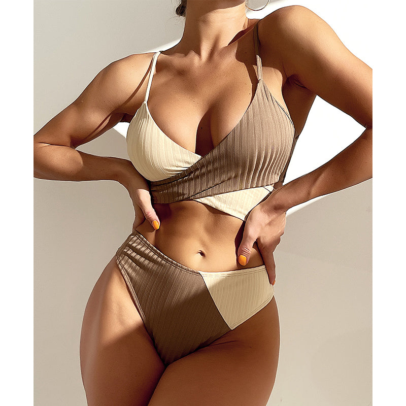 Maillot de bain bandeau patchwork pour femmes, ensemble bikini de sport
