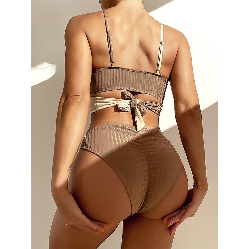 Maillot de bain bandeau patchwork pour femmes, ensemble bikini de sport