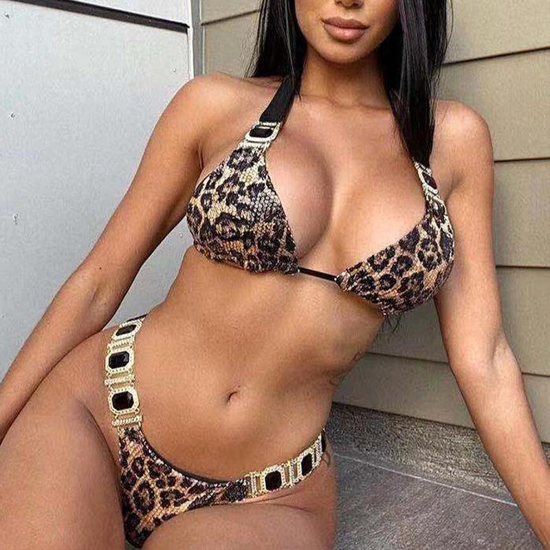 Bikinis con estampado de leopardo, traje de baño estilo halter para mujer, trajes de baño sin espalda