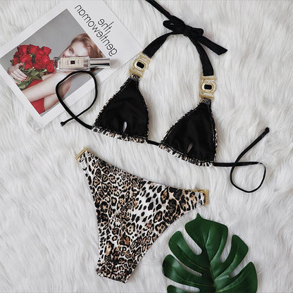 Bikinis con estampado de leopardo, traje de baño estilo halter para mujer, trajes de baño sin espalda