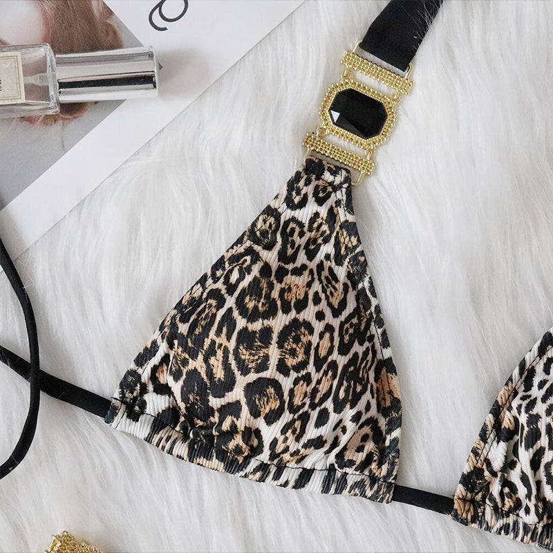 Bikinis con estampado de leopardo, traje de baño estilo halter para mujer, trajes de baño sin espalda