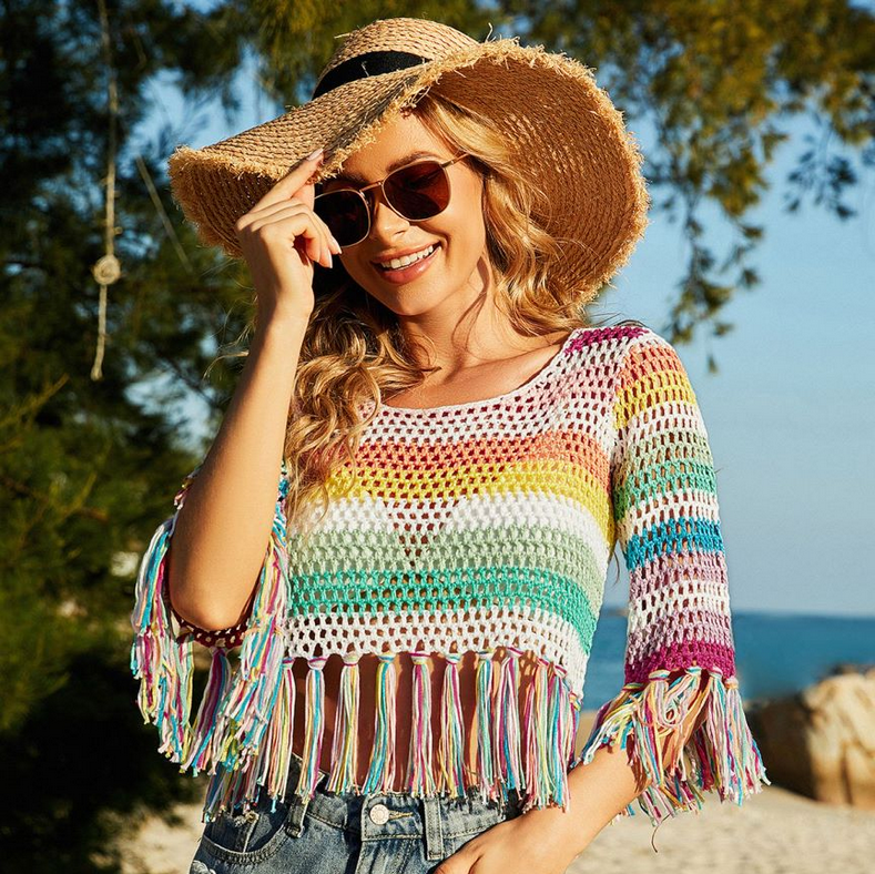 Chemisier tricoté à la main pour femme, tricot de printemps et d'été, couture creuse, découpe, couleur mixte, bikini, chemise de plage, crochet