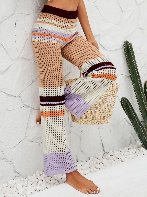 Pantalon mi-taille en tricot à taille élastique, mode printemps-été, crochet, coutures colorées, droit, décontracté